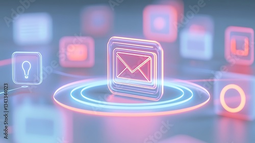 Neon Email Icon Surrounded by Various Communication and Technology Symbols in a Modern Digital Context