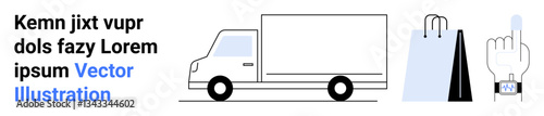 Delivery truck driving forward, shopping bags, and digital touch button highlighting themes thumbs up ecommerce, delivery, online shopping, logistics, technology, retail, simple landing page