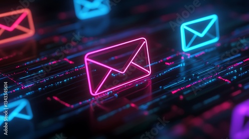 Neon Email Icons Floating on a Digital Background with Bright Colors and Futuristic Technology Vibe