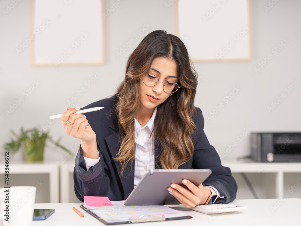 Busy business woman using tablet, portrait of young caucasian confident serious busy business woman using tablet holding digital pen. Using application studying online video calling. Wearing jacket. Busy business woman using tablet, portrait of young caucasian confident serious busy business woman using tablet holding digital pen. Using application studying online video calling. Wearing jacket.