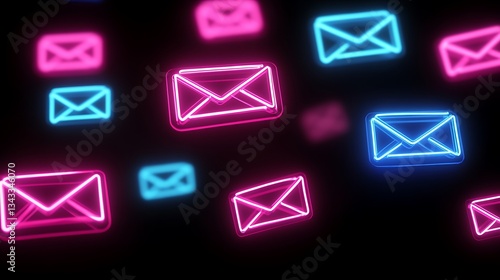 Neon Email Icons in Pink and Blue Light Against Dark Background for Modern Digital Communication Concept