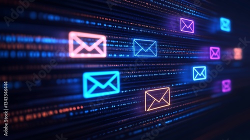 Neon Email Icons on a Futuristic Digital Background with Streaming Data and Vivid Light Effects