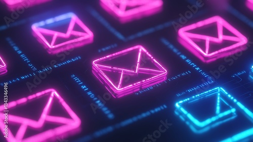 Neon Email Icons on Dark Background with Digital Circuitry Design for Communication Concept Illustration