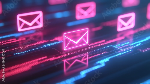 Neon Email Icons with Abstract Digital Background Concept for Communication and Technology Themes
