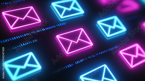 Neon Email Icons with Bright Colors and Modern Design for Digital Communication and Technology Concepts