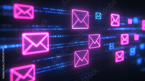 Neon Email Icons with Data Streams and Digital Background for Communication and Technology Themes