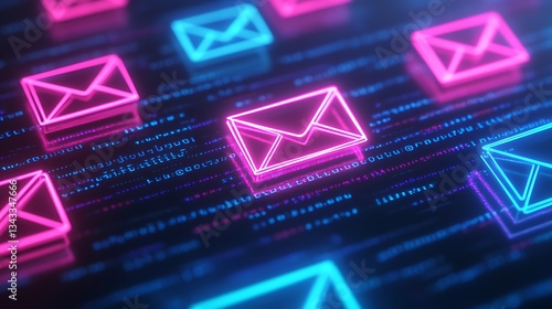 Neon Email Icons with Digital Background in Vibrant Blue and Pink Colors Representing Communication Technology