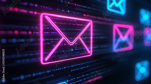 Neon Email Icons with Glowing Effects on Dark Background for Digital Communication and Technology Concepts