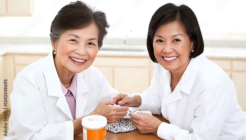 Happy Pharmacists Counting Pills for Kitchen Setting. Happy Pharmacists Counting Pills for Kitchen Setting.