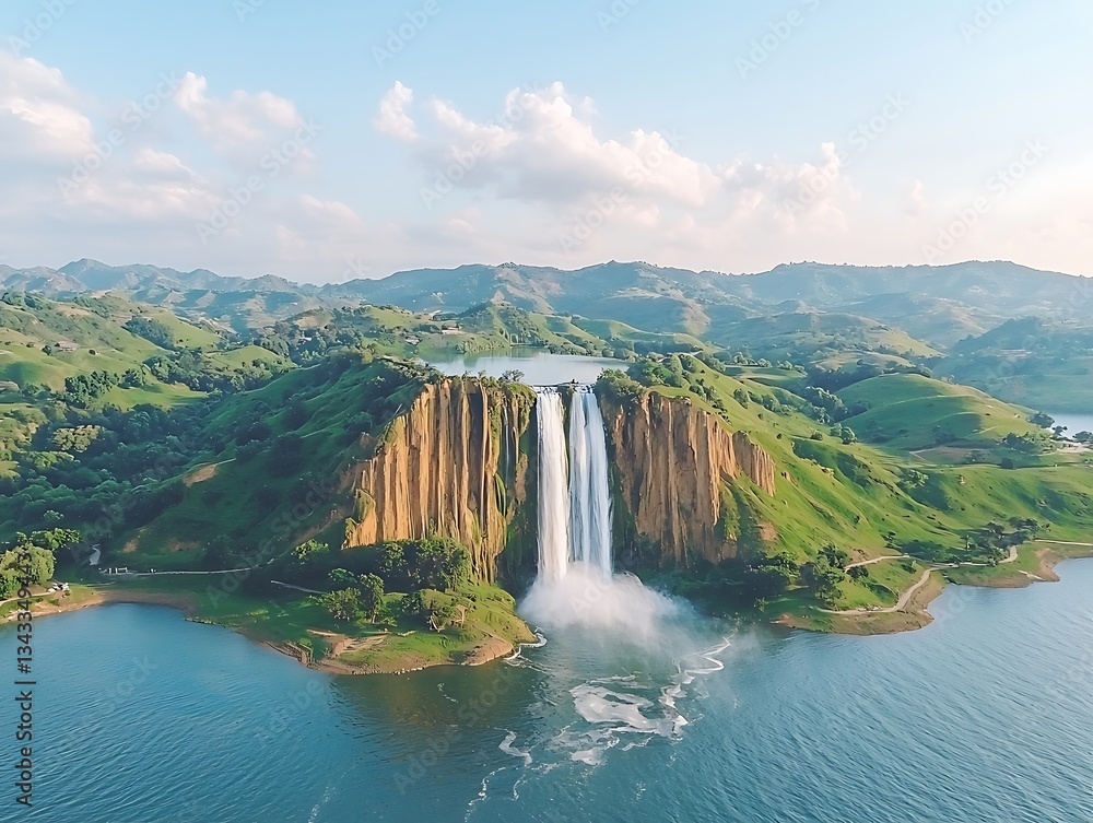 Aerial View: Twin Waterfall for Lake, Hills. Aerial View: Twin Waterfall for Lake, Hills.