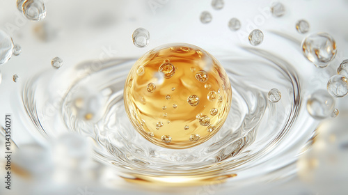 Oil bubbles background, luxury gold cosmetic essence liquid bubbles, gold liquid with golden drops. AI generative oil foam froth bubbles, abstract natural bubbling texture,skin cell, biology, science