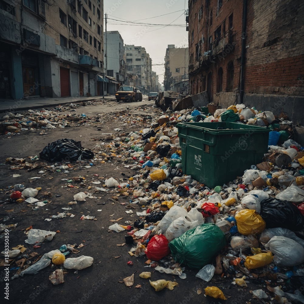 Overfilled dumpster and garbage strewn across a city street, creating an urban wasteland and environmental hazard. Overfilled dumpster and garbage strewn across a city street, creating an urban wasteland and environmental hazard.