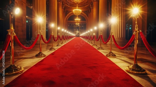 A red carpet is laid out in a long hallway with gold colored barriers. The scene is set in a grand theater or ballroom, likely for a red carpet event or a movie premiere