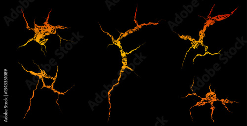 Majestic display of lava cracks glowing in orange and yellow hues across a stark black landscape