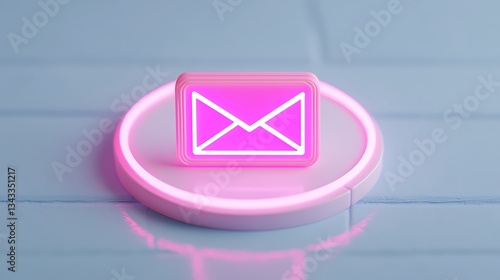 Neon Pink Email Icon on a White Surface with Glowing Ring Light for Communication and Technology Themes