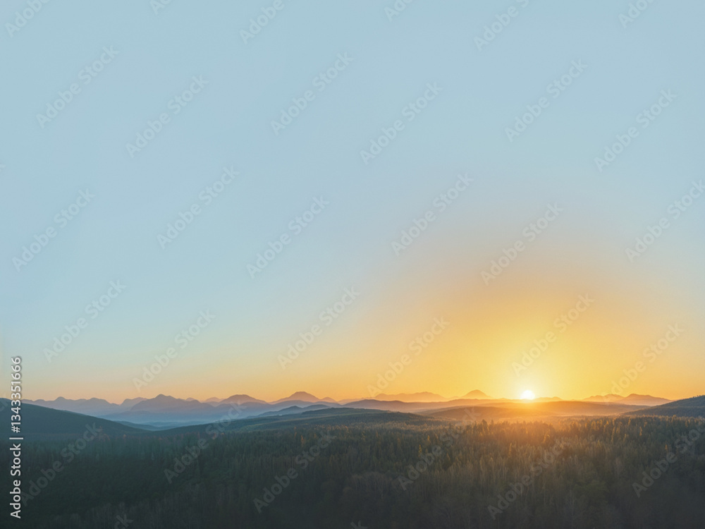Fototapeta premium The most magnificent peaceful sunset sky with warm sun rising gradually transitioning to a light blue sky. Vast serene landscape with mountain range in the horizon. Trees and forests in a distant shot