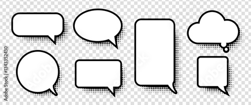 Blank comic speech and thought bubbles with halftone effects set. Classic retro pop-art style for dialogue, storytelling, comics, cartoons, and creative designs. Vector illustration.