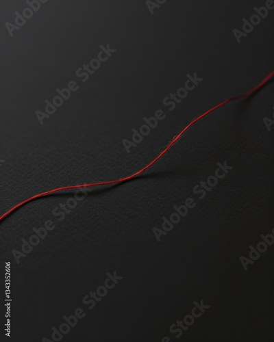 A single red thread on a deep black background, a minimalist composition. The thread is slightly curved, suspended in the air, casting a soft shadow.