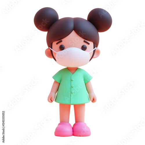 A white girl, age 7, with brown hair in pigtails, wearing a green dress and a white mask, pink shoes, white background