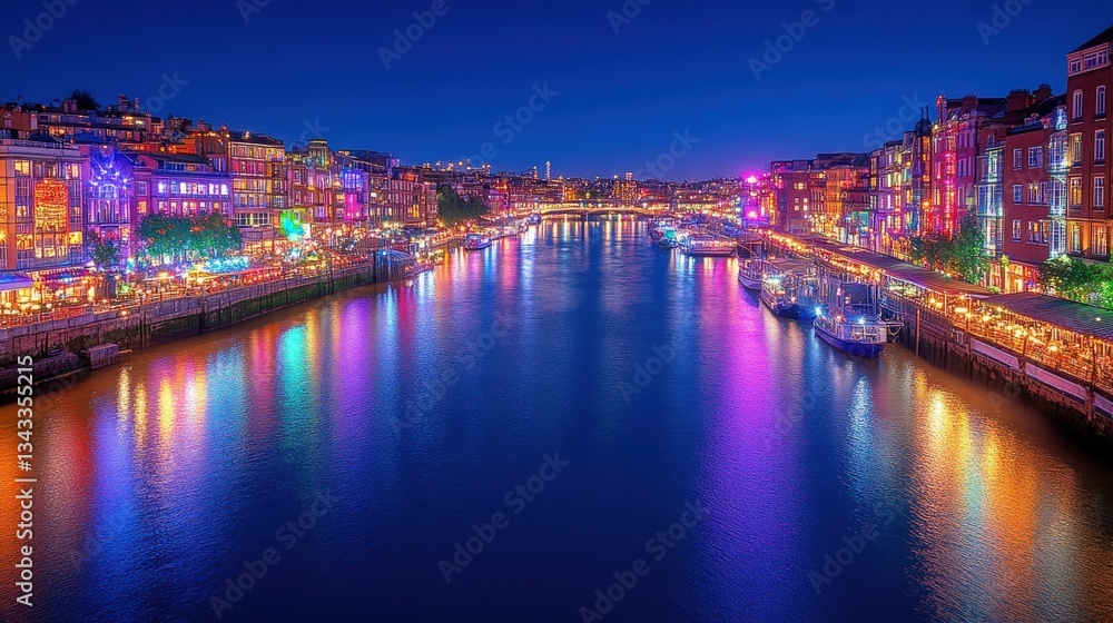 Naklejka premium Vibrant riverfront cityscape at night