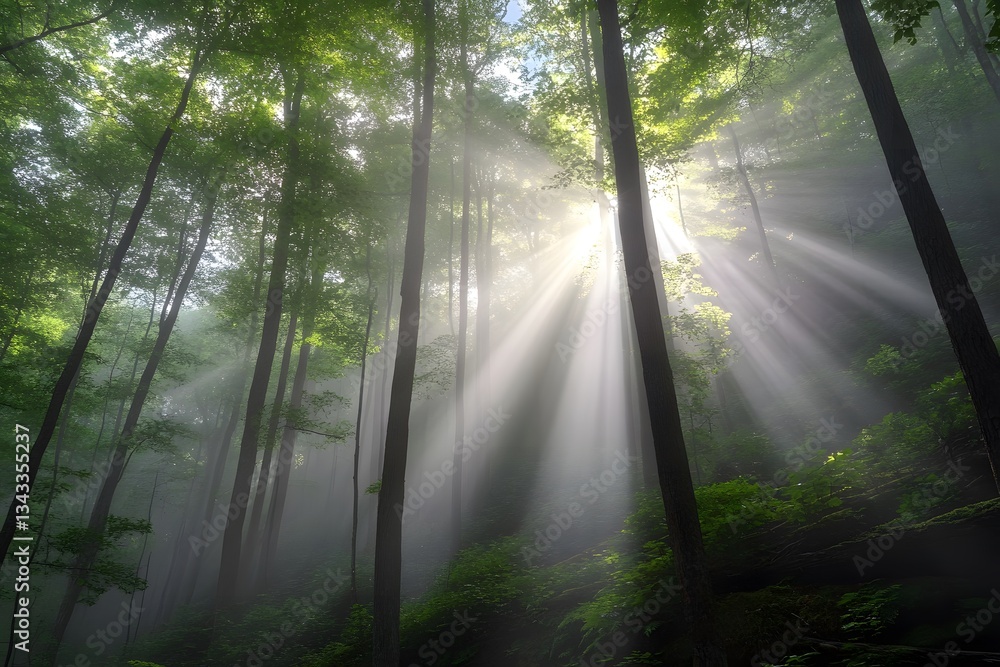 Sunbeams through Misty Forest Magical Sunlight in Woods Sunbeams through Misty Forest Magical Sunlight in Woods