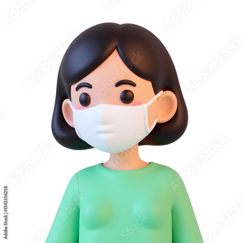 A 25 year old asian woman with black hair and fair skin wearing a green shirt and a white mask, white background