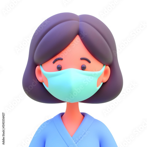 A cartoon woman, white skin, 25 years old, black hair, wearing a blue surgical mask and a blue shirt, white background