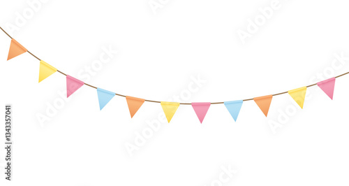 Carnival colored garlands and bunting. Festive triangle flags on rope for decoration of party, holiday, event, festive, celebration. Colorful pennants for banner, flyer, template Vector design element