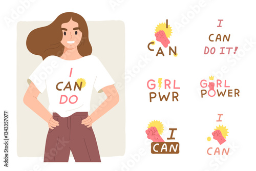 Young Woman wearing white T-shirt with encourage women message graphic print to place on character. Concept of girl power, women's empowerment campaign, support female's right. Flat vector.