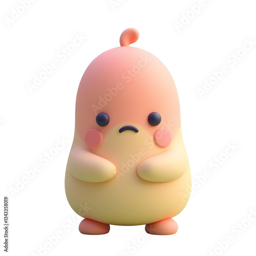 A cute little chick with a sad expression, pink cheeks, and a small curl on its head, isolated on a white background