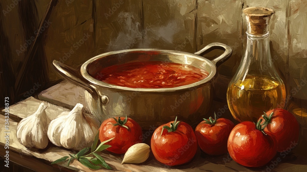 Still life painting of simmering tomato sauce, garlic, tomatoes, and olive oil. Still life painting of simmering tomato sauce, garlic, tomatoes, and olive oil.
