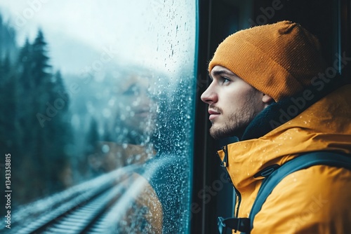 Young Man in Yellow Jacket and Beanie Gazing Out Train Window at Rainy Landscape