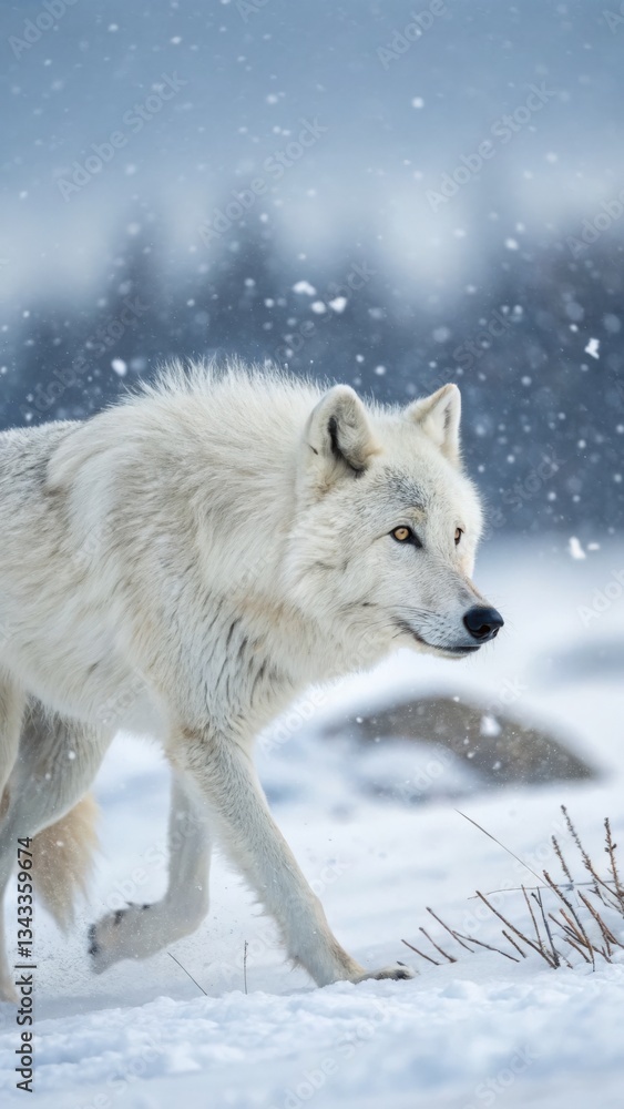 Fototapeta premium Majestic white wolf walking through snowy forest winter landscape wildlife photography serene environment close-up view nature's beauty
