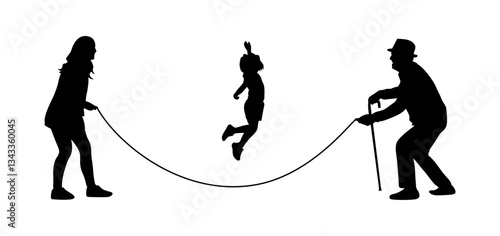 A small child and an adult are playing with a jump rope together vector illustration.