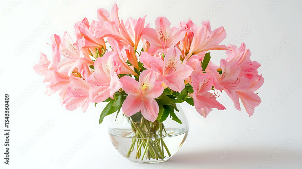 Delicate pink flowers arranged in a simple vase on a white background Delicate pink flowers arranged in a simple vase on a white background