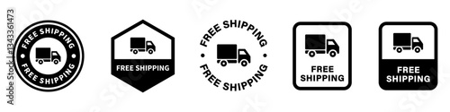 Free Shipping signs with a van. Vector signs isolated on white.
