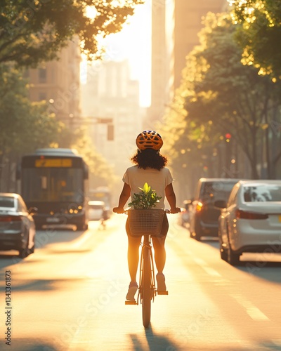 Young Urban Cyclist Rides Through City Street at Sunrise with Basket of Plants