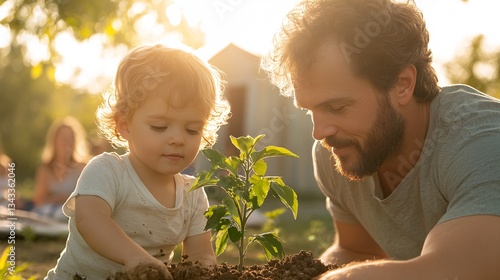 Father and Son Sharing a Tender Moment Planting a Tree in Sunlit Garden