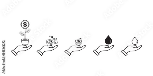 Save money. water, plants and donate money, blood icon set. Protect your money and donate. dollar, hand blood drops, water drops icon set illustration.