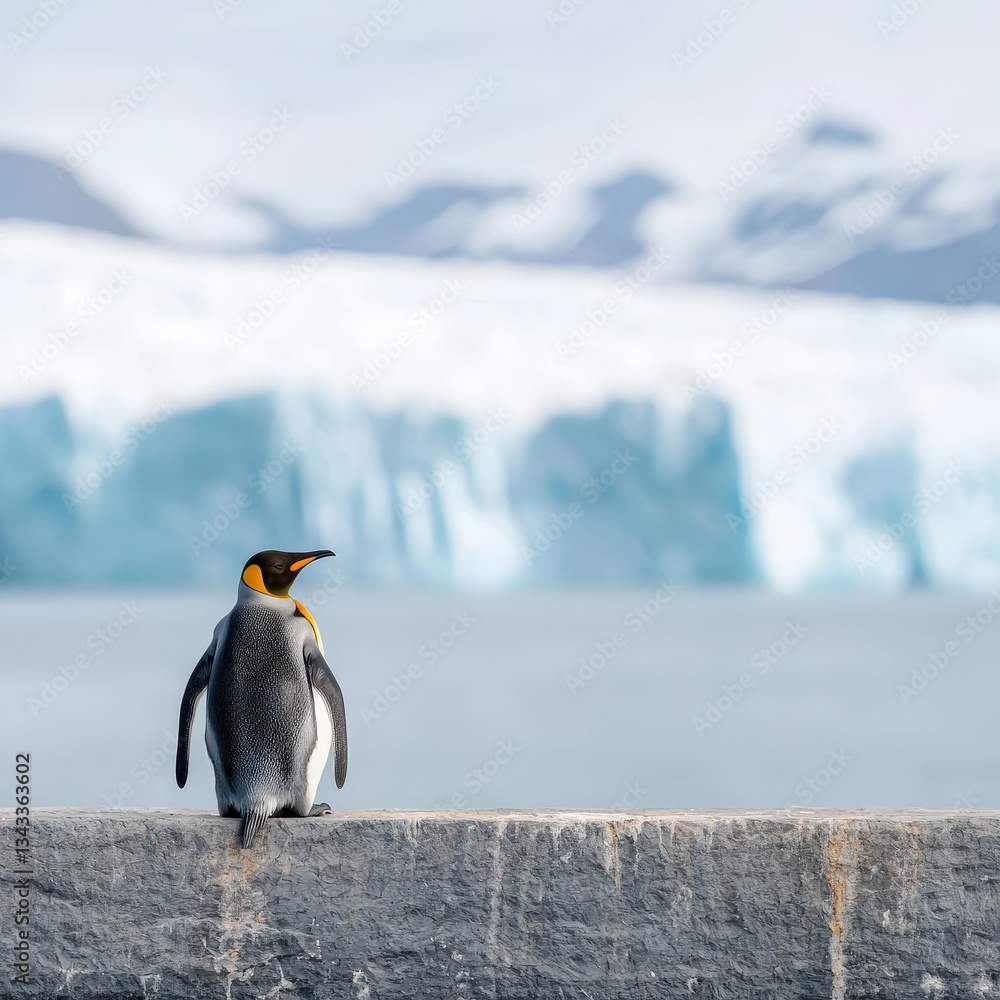 Fototapeta premium Majestic Emperor Penguin Stands on Ice Against Glacial Backdrop