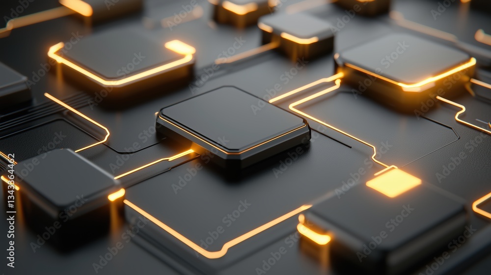 Abstract black and gold microchip with glowing pathways symbolizing data flow and advanced computing. Technology background. Abstract black and gold microchip with glowing pathways symbolizing data flow and advanced computing. Technology background.