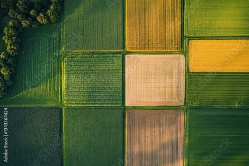 Aerial View of Colorful Patchwork Fields Showcasing Agricultural Patterns in Diverse Landscape During Golden Hour