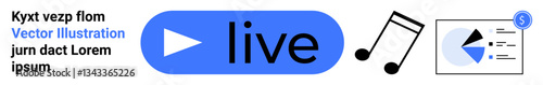 Blue live button with play icon alongside music notes and analytics chart. Ideal for live streaming, media, music, analytics, business, data presentation, simple landing page