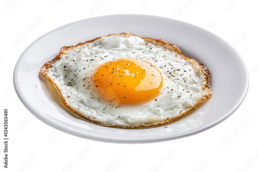 A perfectly cooked fried egg sits on a white plate, featuring a bright yellow yolk and a crisp edge, garnished with black pepper, Transparent background. A perfectly cooked fried egg sits on a white plate, featuring a bright yellow yolk and a crisp edge, garnished with black pepper, Transparent background.