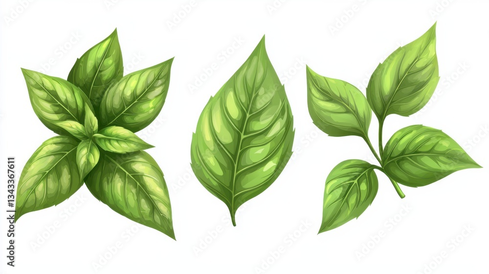 Fototapeta premium Basil leaves isolated on white background. Set, collection of different position basil green fresh leaves. Healthy eating, aromatic herb, food ingredient, spice for culinary