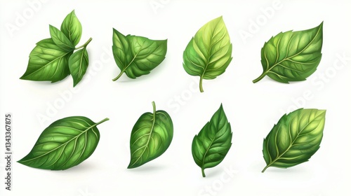 Basil leaves isolated on white background. Set, collection of different position basil green fresh leaves. Healthy eating, aromatic herb, food ingredient, spice for culinary