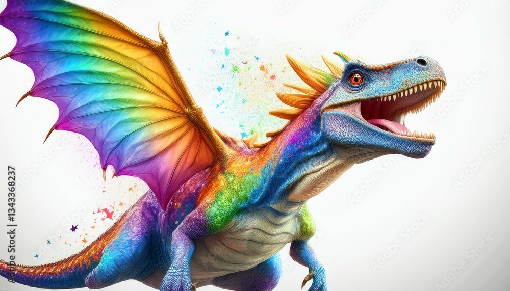 Rainbow-colored cartoon dinosaur with tiny fairy wings trying to fly, panicked expression, wide eyes, tail flailing, sparkles around, Ultra HD cutout isolated on white
Rainbow-colored cartoon dinosaur with tiny fairy wings trying to fly, panicked expression, wide eyes, tail flailing, sparkles around, Ultra HD cutout isolated on white