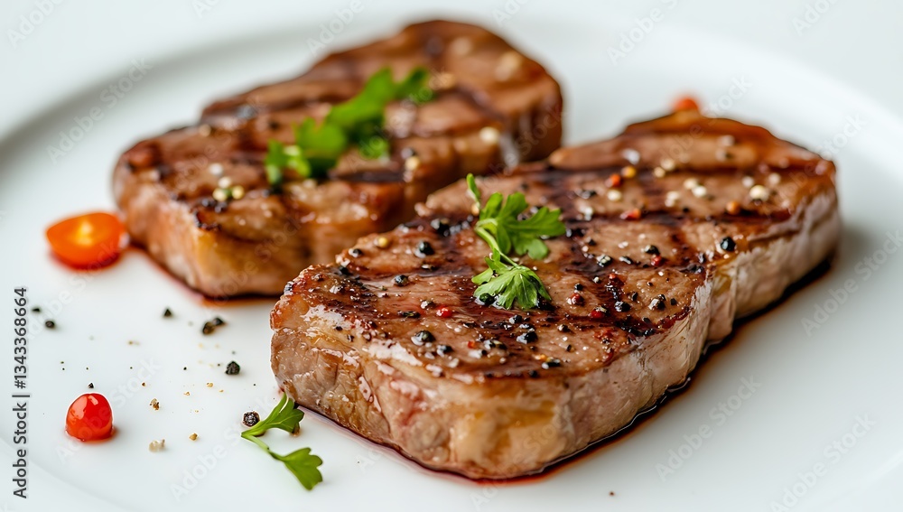 a perfectly seared steak with a pink center, garnished with rosemary sprigs, peppercorns, and cherry tomatoes, elegantly presented on a white plate, showcasing a gourmet culinary masterpiece a perfectly seared steak with a pink center, garnished with rosemary sprigs, peppercorns, and cherry tomatoes, elegantly presented on a white plate, showcasing a gourmet culinary masterpiece