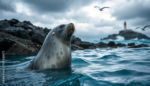 A curious sea lion emerges from the ocean waves, gazing towards a distant coastal structure under a dramatic sky