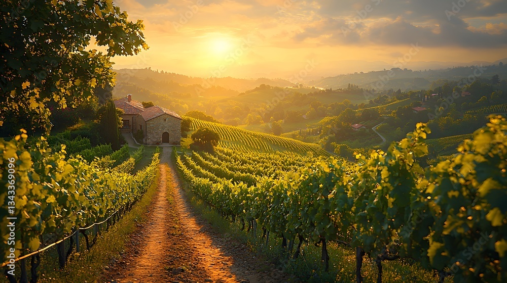 Naklejka premium Winding path through a sun dappled vineyard leading to a charming stone winery